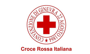 Logo della Croce Rossa Italiana, con il riferimento alla Convenzione di Ginevra del 1864.